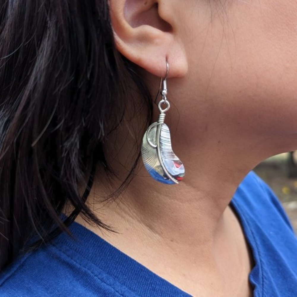 Navajo Dangle‎ Feather Earrings Native American Handmade Jewelry Signed ***